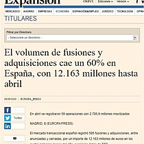 El volumen de fusiones y adquisiciones cae un 60% en Espaa, con 12.163 millones hasta abril